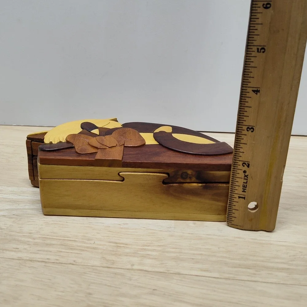 Sleeping Kitten CARVER DANS handcrafted Cat Solid Wood Puzzle Trinket Box